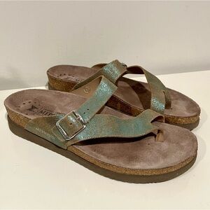 Mephisto Helen Toe Loop Cork Sole Sandal in Turquoise Leather Size 40